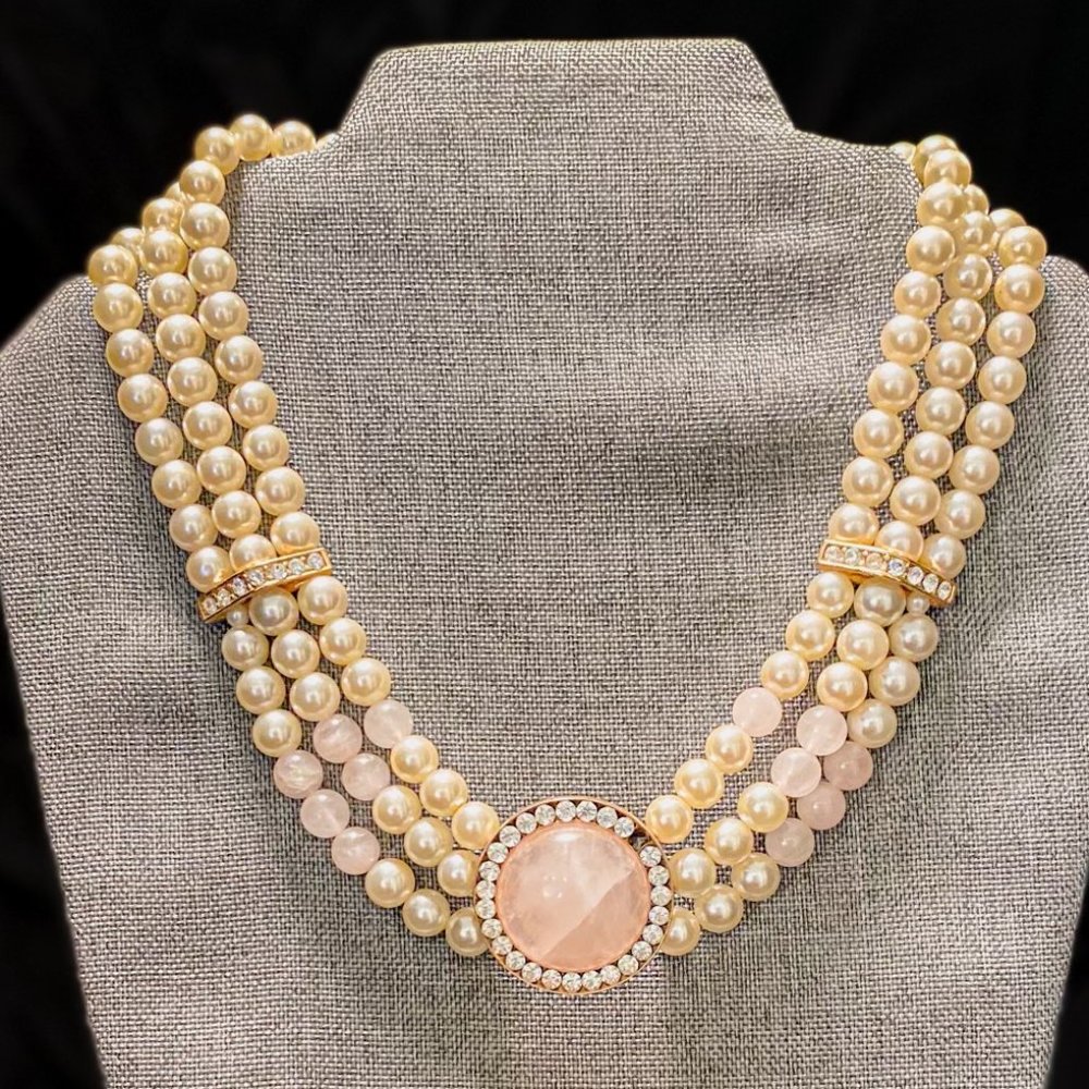 Handmade Vintage Rose Quartz Choker with Faux Pearls and 14kt Gold